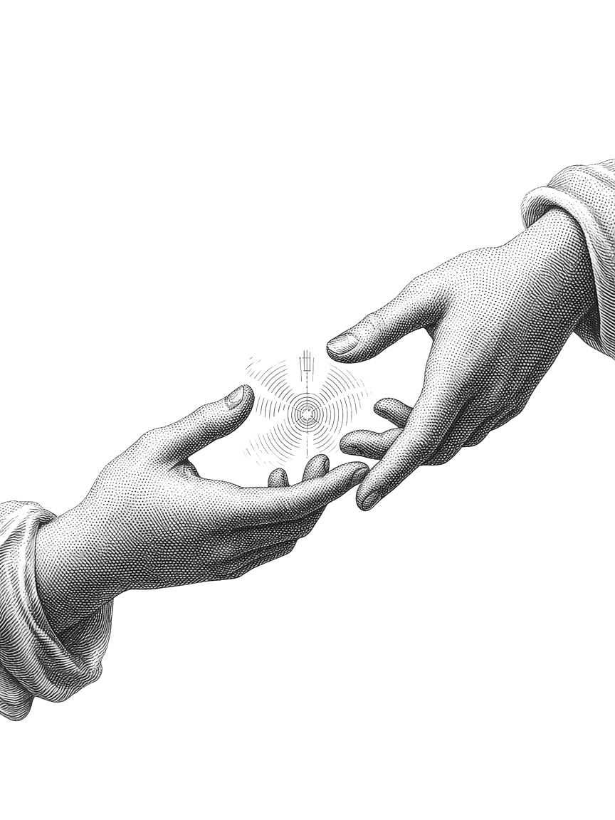 Two engraved hands reaching toward a shared idea