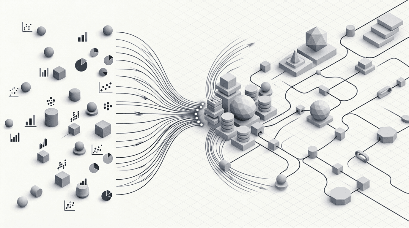 Abstract visualization of metrics, analytics, and data flowing into decisions